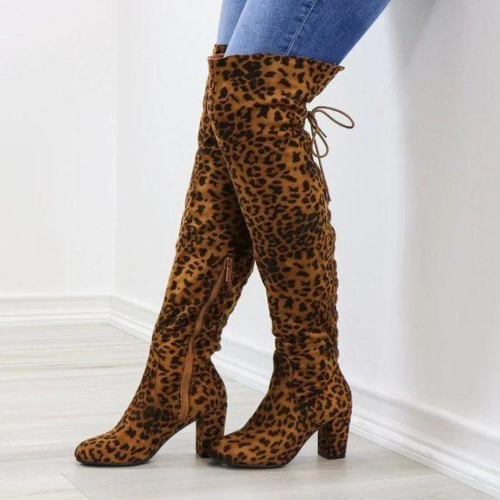 Suede Leopard Thigh High Heeled Boots Back Laces - Picture 11 of 15